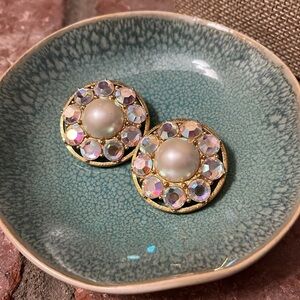 Carolee Pearl and Aurora Borealus Crystal Elegant Gold Clip On Earrings